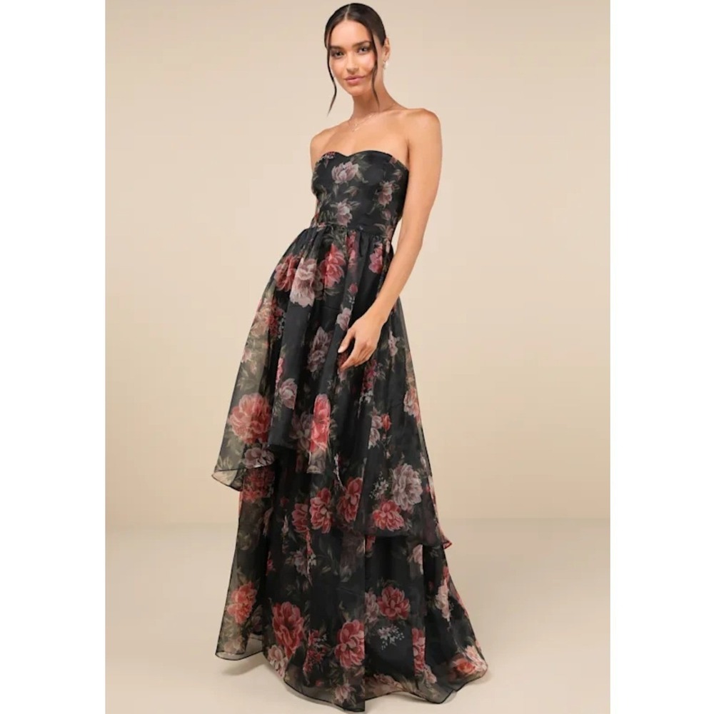 Lulu's Black Floral Strapless Maxi Dress with Pink and Green Blooms